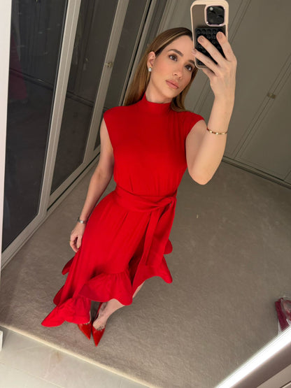 VESTIDO GOLA ALTA COM BABADO CASCATA KRONNE