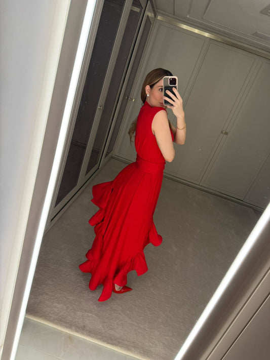 VESTIDO GOLA ALTA COM BABADO CASCATA KRONNE