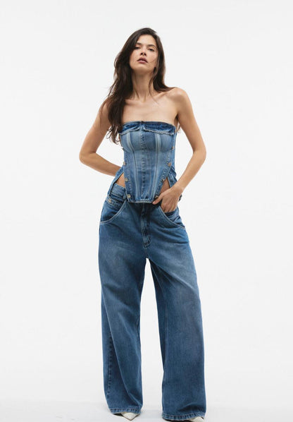 CORSET SEM ALÇA COM BOTÕES LATERAIS JEANS